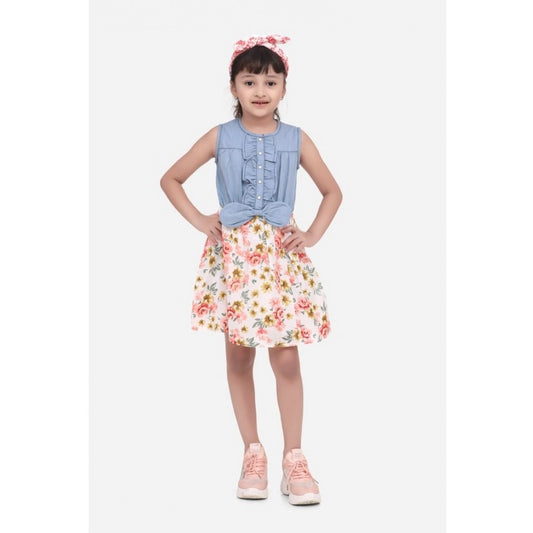 Generic Girl's Denim-Cotton Floral Printed Sleeveless Round Neck Dress (Multicolor)