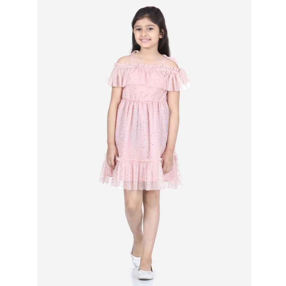 Generic Girl's Polyester Net Embellished Short Sleeve Shoulder Straps Dress (Pink)