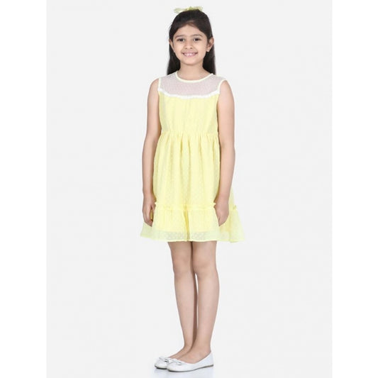 Generic Girl's Polyester Dobby Floral Printed Sleeveless Round Neck Dress (Yellow)