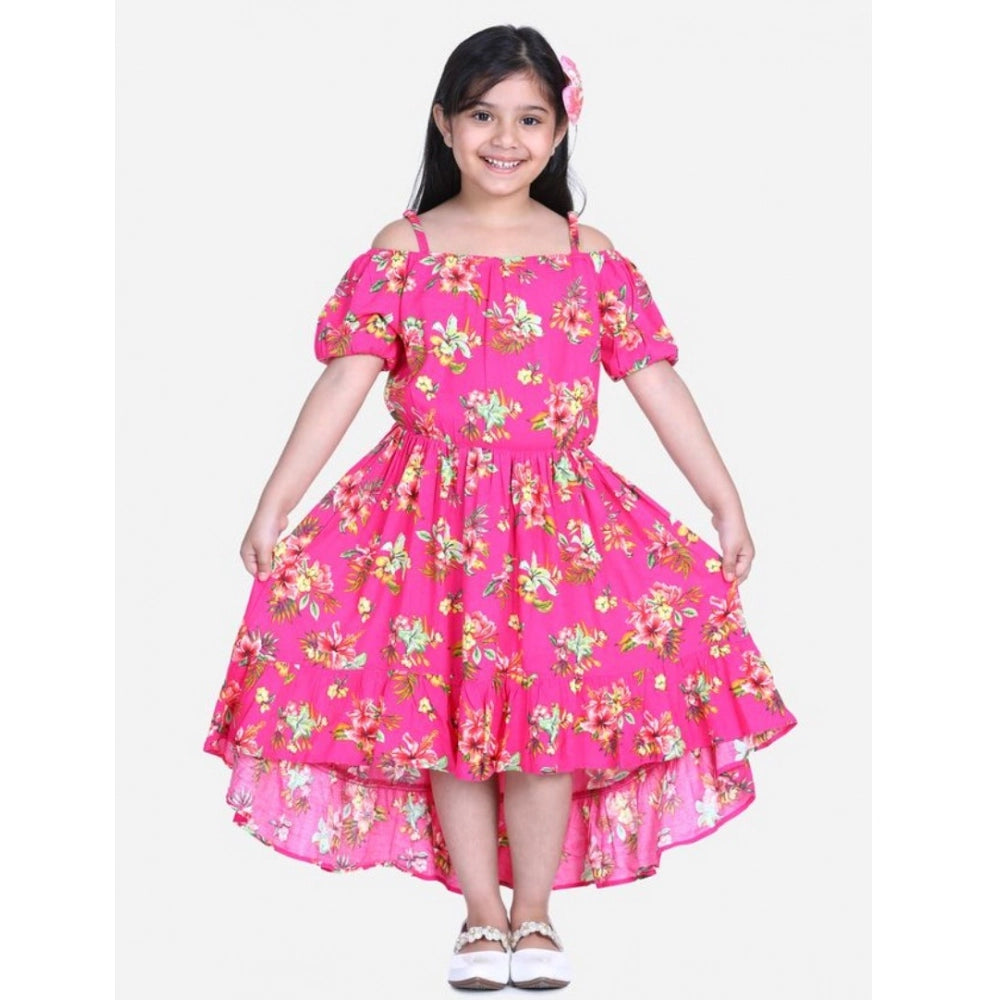 Generic Girl's Rayon Solid Short Sleeve Shoulder Straps Dress (Pink)