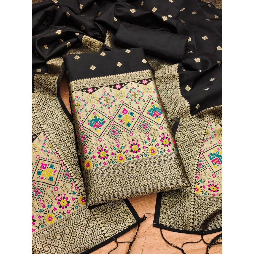 Generic Women's Banarasi Silk Printed Unstitched Salwar Suit Material With Dupatta (Black, 3Mtrs)
