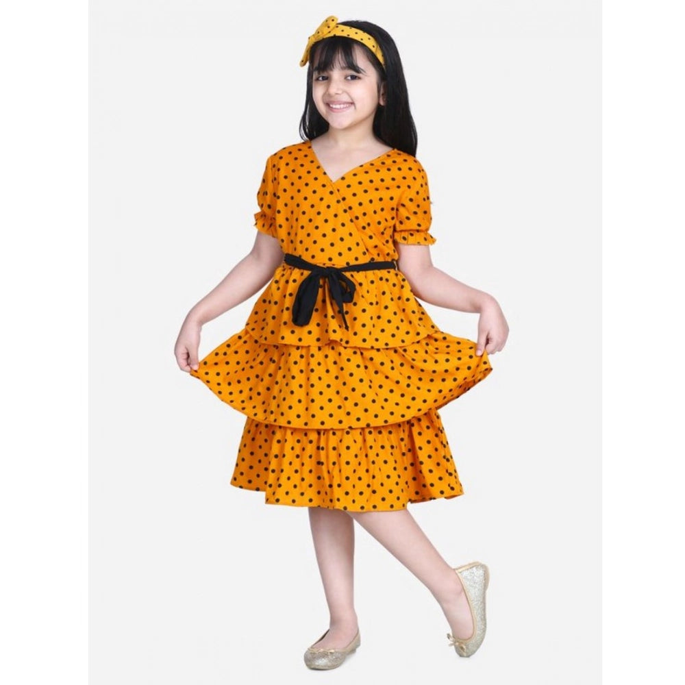 Generic Girl's Polyester Crepe Printed Puff V-Neck Dress (Orange)
