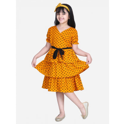 Generic Girl's Polyester Crepe Printed Puff V-Neck Dress (Orange)