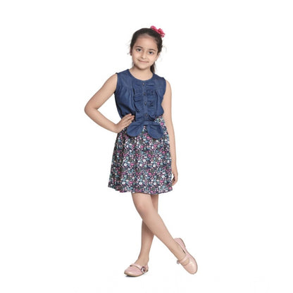 Generic Girl's Denim-Rayon Floral Printed Sleeveless Round Neck Dress (Navy Blue)