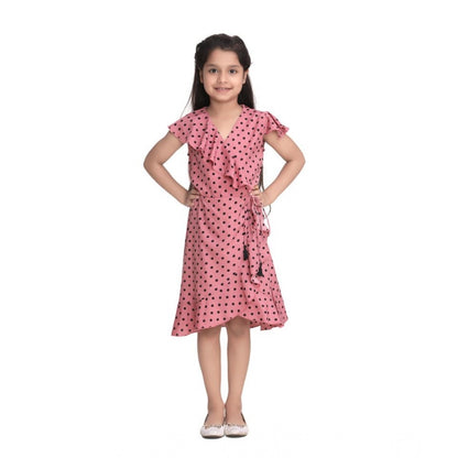 Generic Girl's Polyester Crepe Printed Flutter V-Neck Dress (Pink)