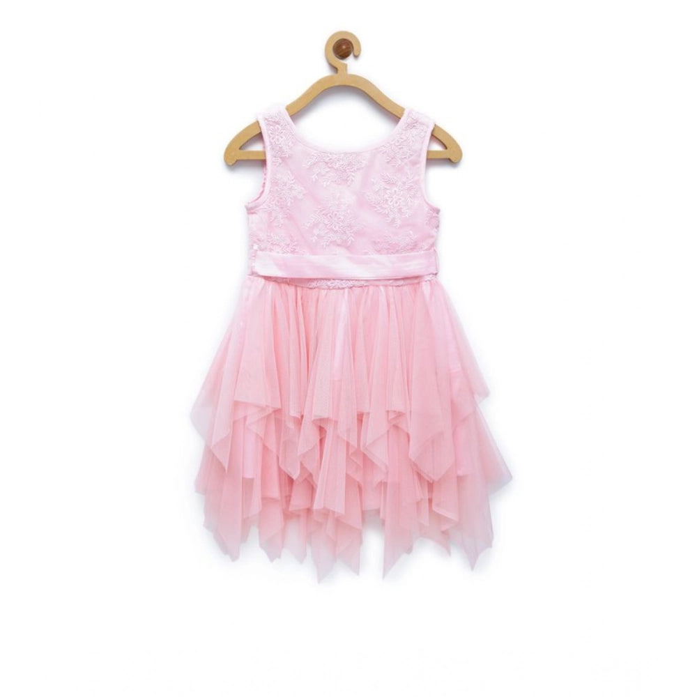 Generic Girl's Polyester  Net Floral Printed Sleeveless Round Neck Dress (Light Pink)