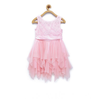 Generic Girl's Polyester  Net Floral Printed Sleeveless Round Neck Dress (Light Pink)