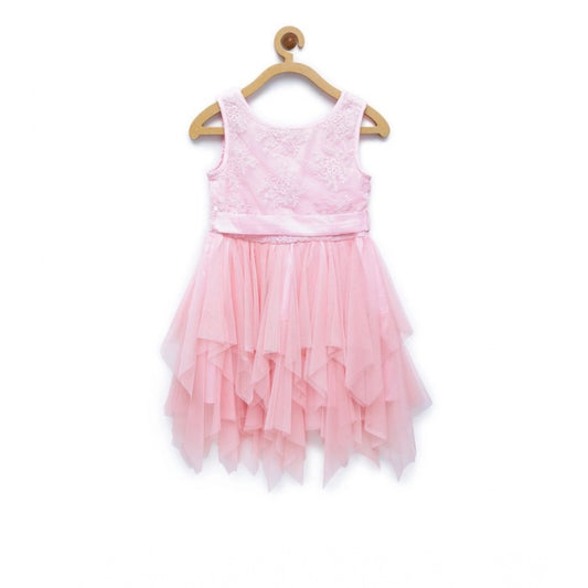 Generic Girl's Polyester  Net Floral Printed Sleeveless Round Neck Dress (Light Pink)