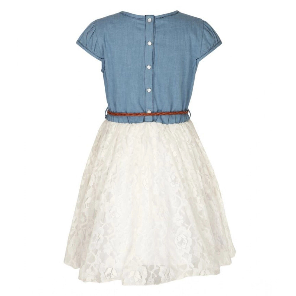 Generic Girl's Denim Embroidery Short Sleeve Round Neck Dress (White)