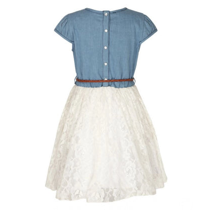 Generic Girl's Denim Embroidery Short Sleeve Round Neck Dress (White)