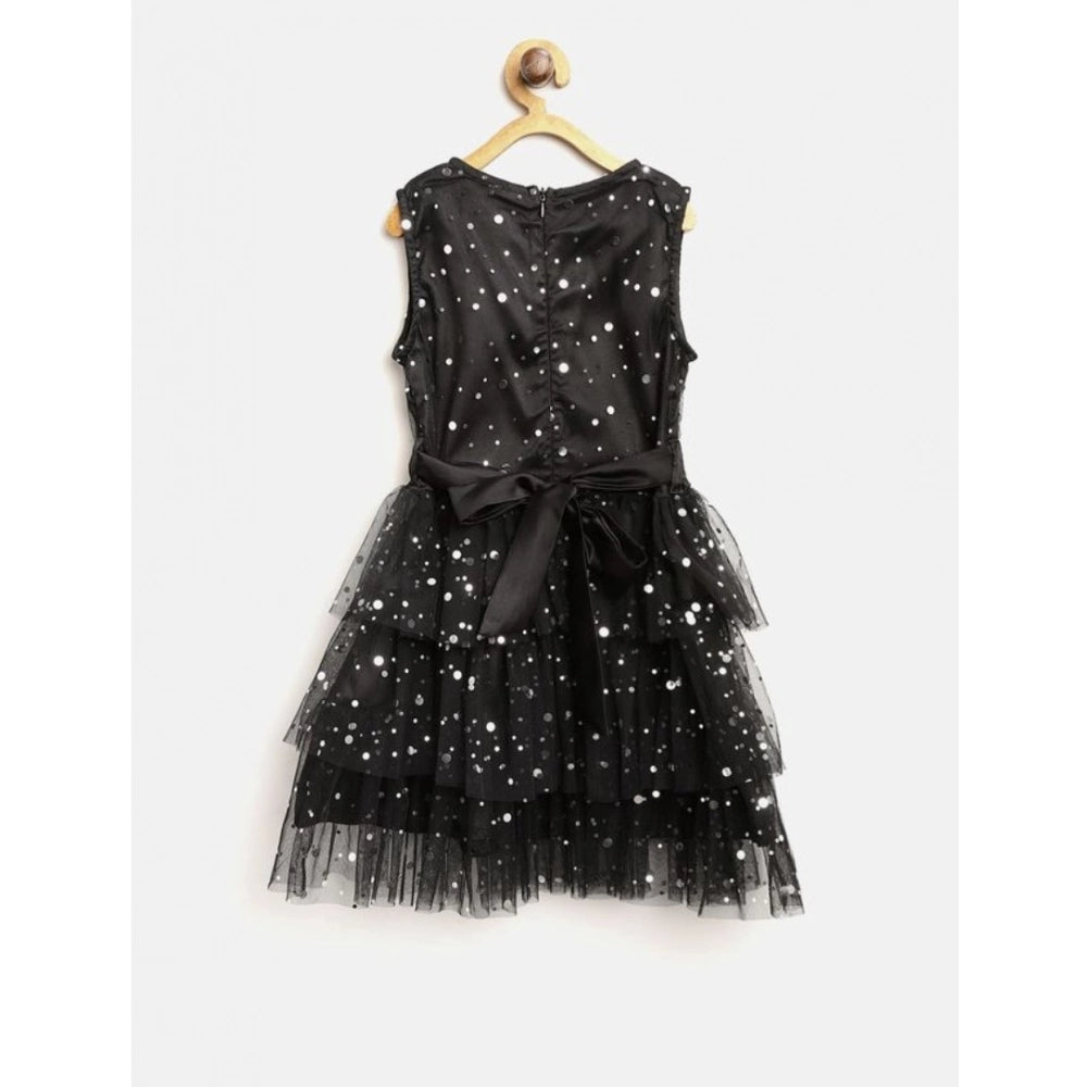 Generic Girl's Net Embellished Sleeveless V-Neck Dress (Black)