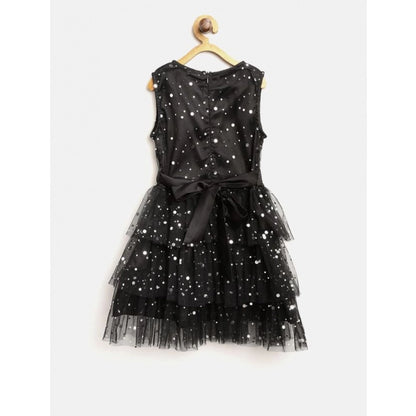 Generic Girl's Net Embellished Sleeveless V-Neck Dress (Black)