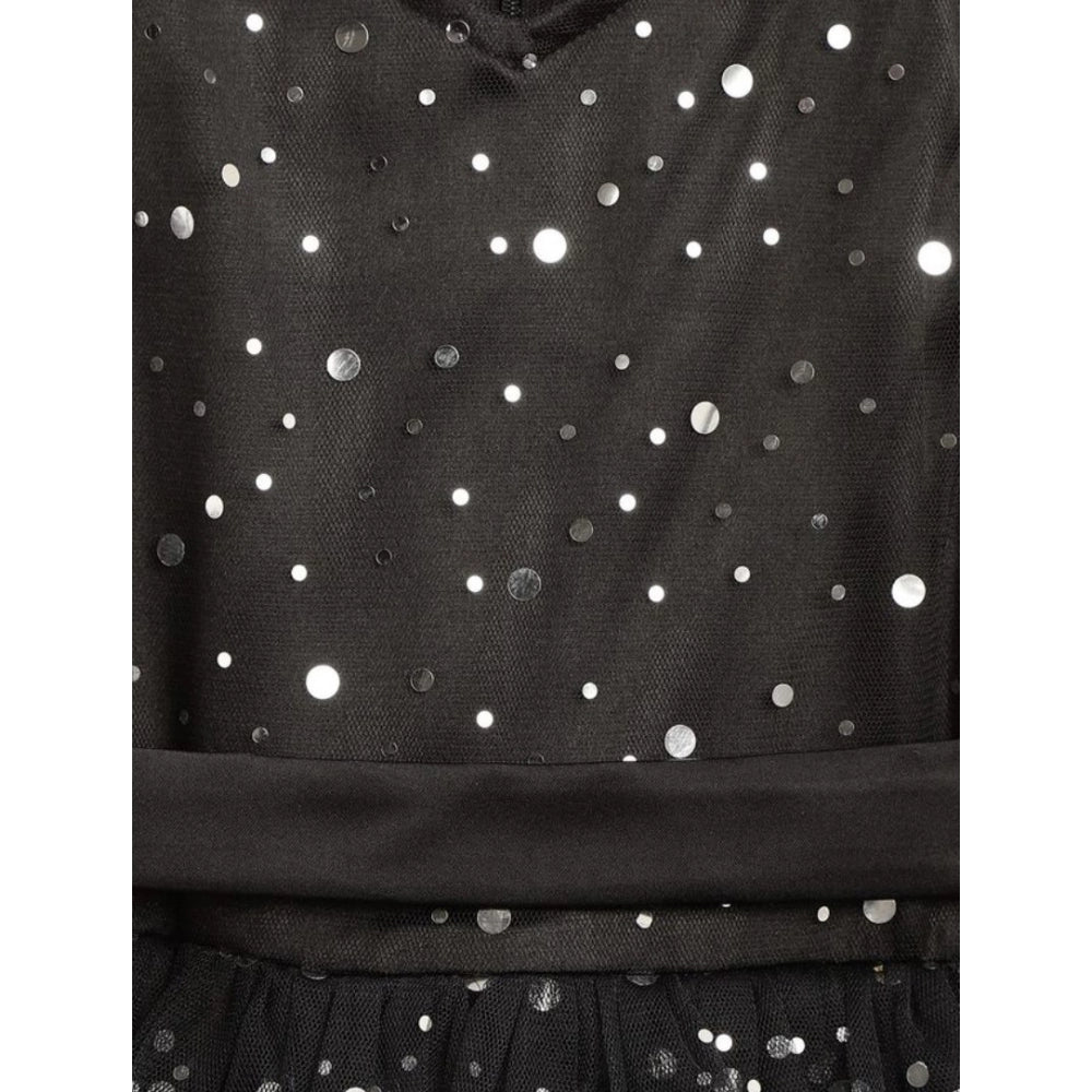 Generic Girl's Net Embellished Sleeveless V-Neck Dress (Black)