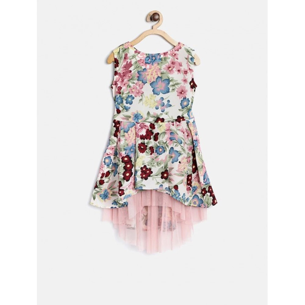 Generic Girl's Polyester Crepe Printed Short Sleeve Round Neck Dress (Multicolor)
