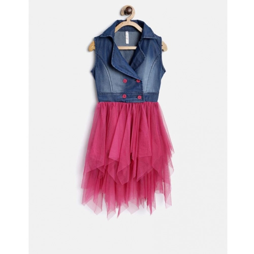 Generic Girl's Polyester Crepe-Net Solid Shoulder Straps Shirt collar Dress (Blue-Pink)