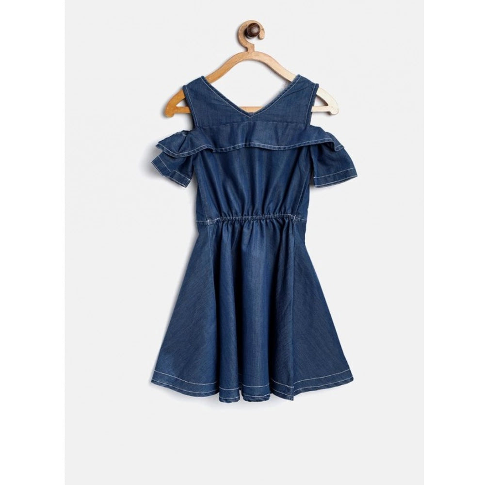 Generic Girl's Denim Floral Printed Bell Sleeve Halter Neck Dress (Blue)