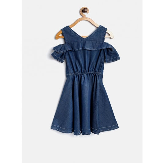 Generic Girl's Denim Floral Printed Bell Sleeve Halter Neck Dress (Blue)
