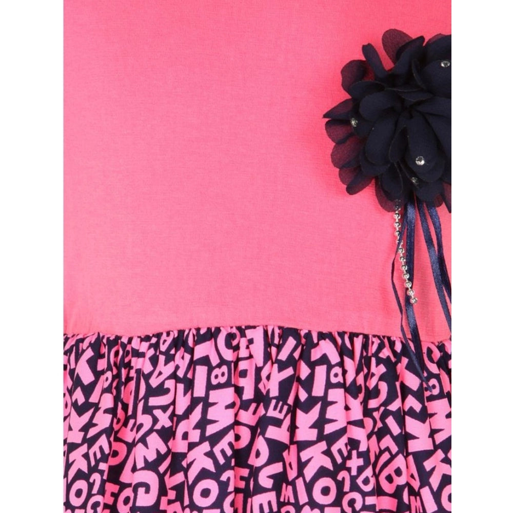 Generic Girl's Polyester Crepe Embellished Short Sleeve Round Neck Dress (Pink)