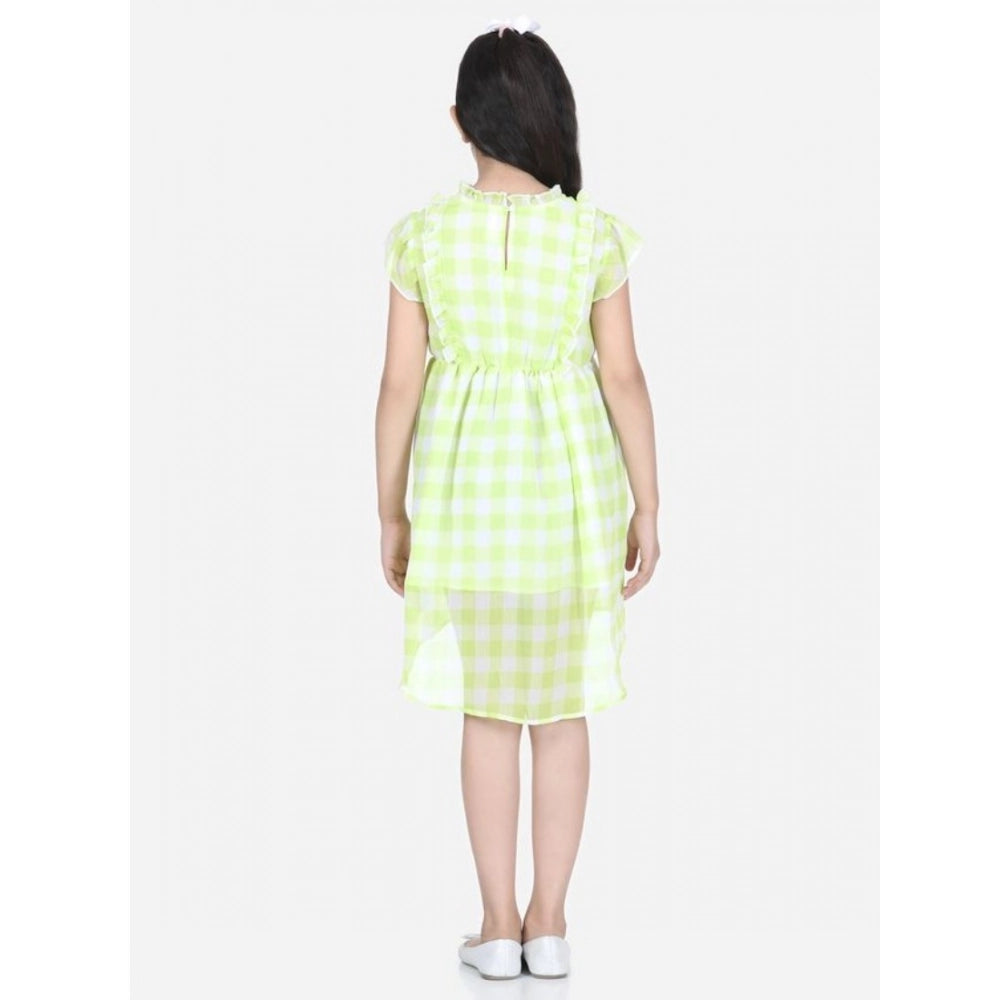 Generic Girl's Polyester Chiffon Solid Short Sleeve Round Neck Dress (Lime Green)