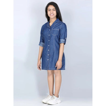 Generic Girl's Denim Solid Long Sleeve Shirt collar Dress (Blue)