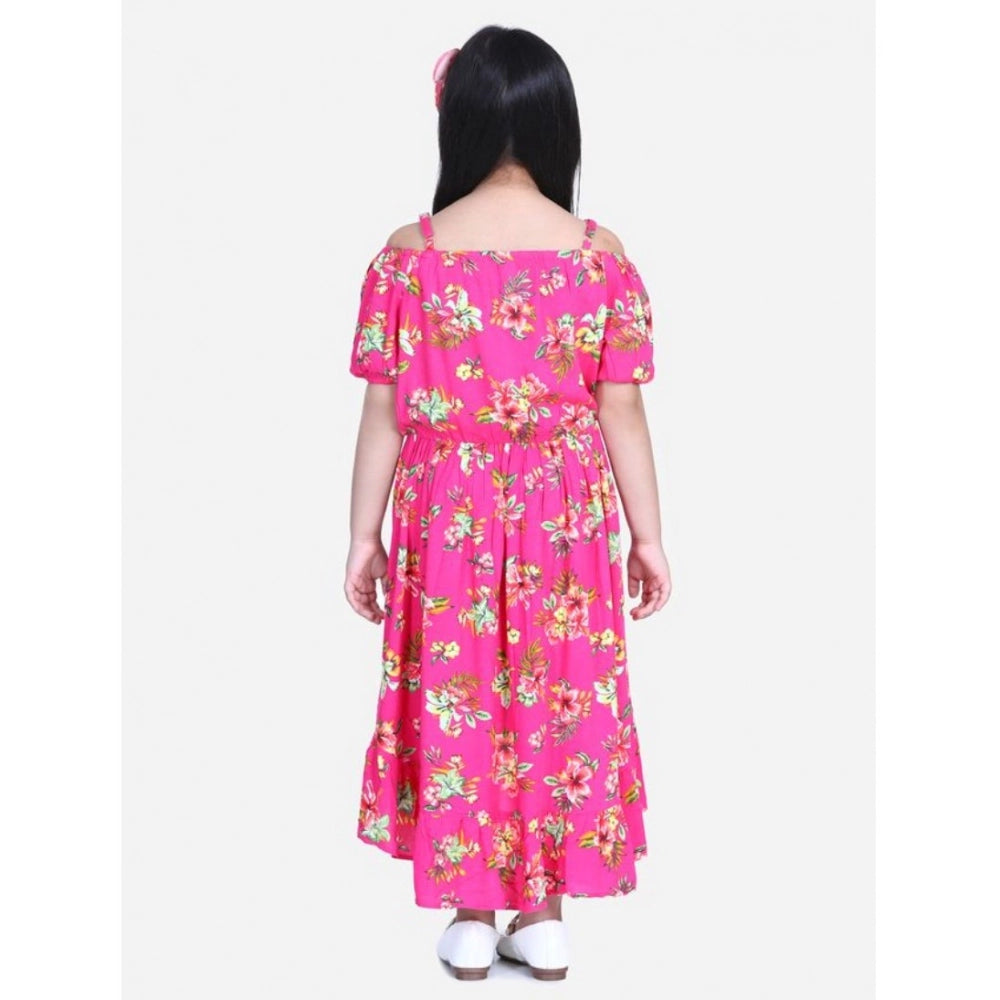 Generic Girl's Rayon Solid Short Sleeve Shoulder Straps Dress (Pink)