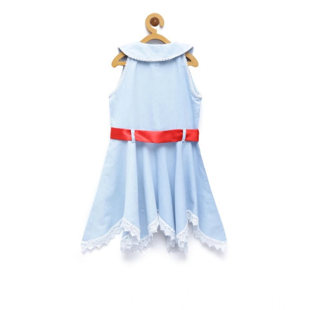 Generic Girl's Denim Lace Solid Sleeveless Shirt collar Dress (Light Blue)