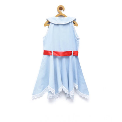 Generic Girl's Denim Lace Solid Sleeveless Shirt collar Dress (Light Blue)
