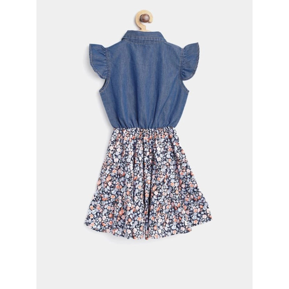 Generic Girl's Denim-Cotton Striped Flutter Shirt Collar Dress (Multicolor)