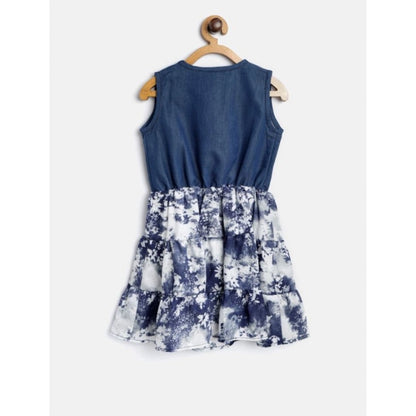 Generic Girl's Denim-Polyester Crepe Solid Sleeveless Round Neck Dress (Blue-White)