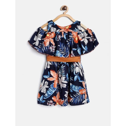 Generic Girl's Polyester Crepe Floral Printed Bell Sleeve Cold Shoulder Neck Dress (Multicolor)