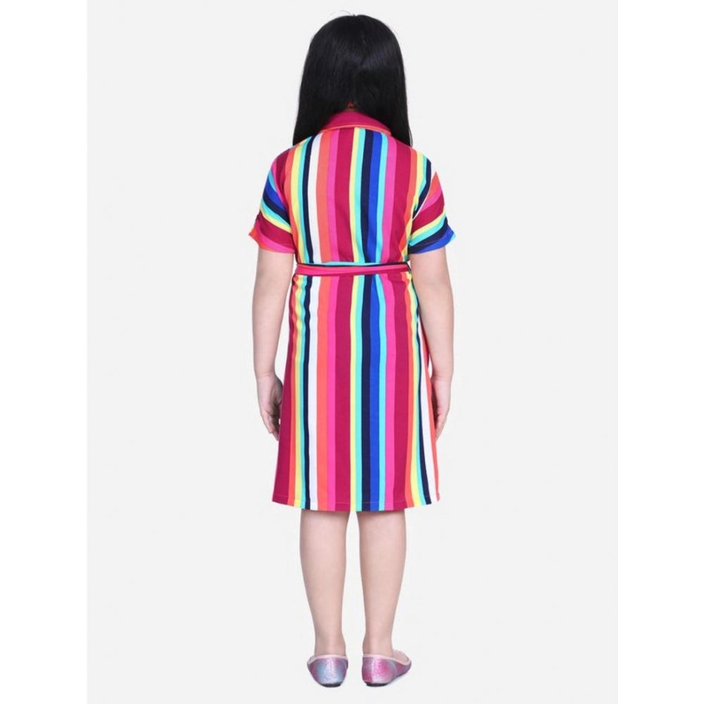 Generic Girl's Polyester Crepe Striped Short Sleeve Shirt collar Dress (Multicolor)