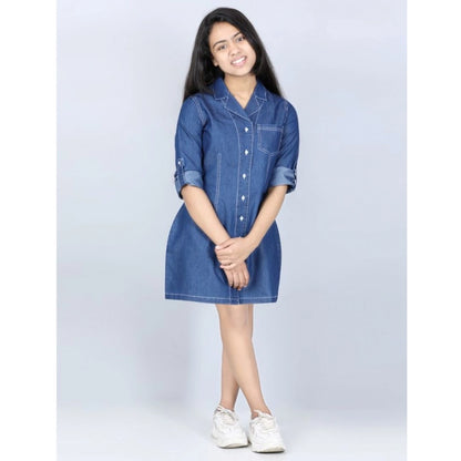 Generic Girl's Denim Solid Long Sleeve Shirt collar Dress (Blue)