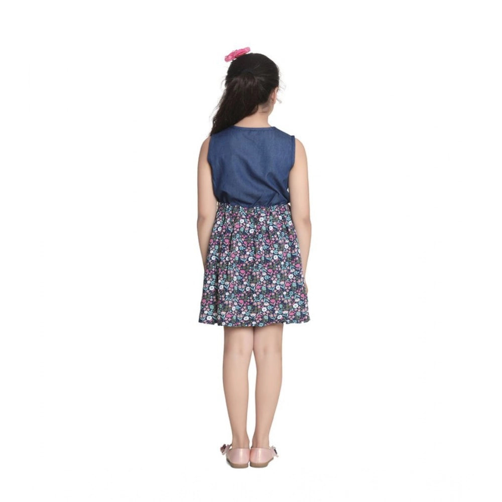 Generic Girl's Denim-Rayon Floral Printed Sleeveless Round Neck Dress (Navy Blue)