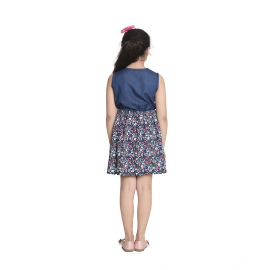 Generic Girl's Denim-Rayon Floral Printed Sleeveless Round Neck Dress (Navy Blue)