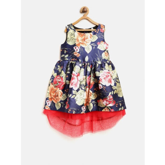 Generic Girl's Polyester  Net Net Inset Sleeveless Round Neck Dress (Navy Blue)