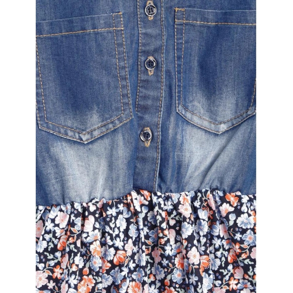 Generic Girl's Denim-Cotton Striped Flutter Shirt Collar Dress (Multicolor)