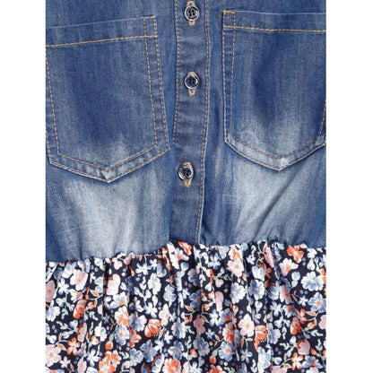 Generic Girl's Denim-Cotton Striped Flutter Shirt Collar Dress (Multicolor)