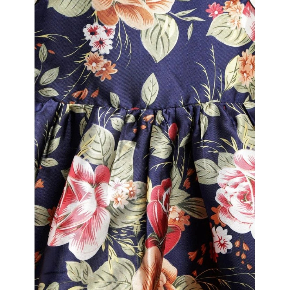 Generic Girl's Polyester  Net Net Inset Sleeveless Round Neck Dress (Navy Blue)