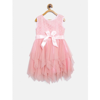 Generic Girl's Polyester  Net Embroidered Sleeveless Round Neck Dress (Peach)