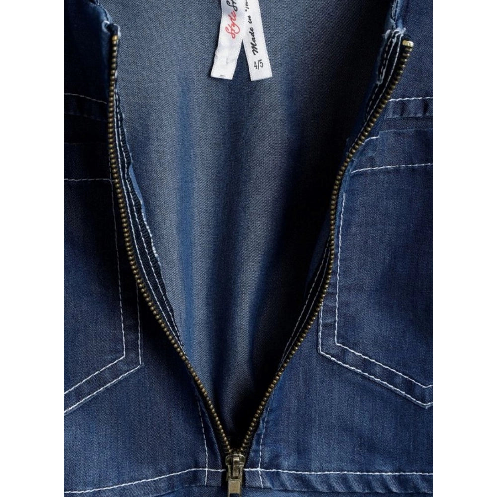 Generic Girl's Denim Floral Printed Bell Sleeve Halter Neck Dress (Blue)