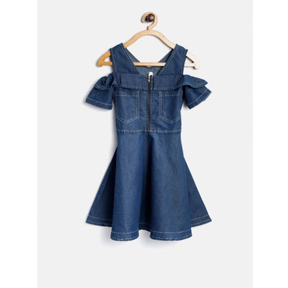 Generic Girl's Denim Floral Printed Bell Sleeve Halter Neck Dress (Blue)