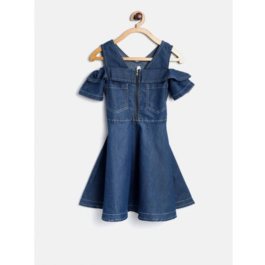 Generic Girl's Denim Floral Printed Bell Sleeve Halter Neck Dress (Blue)