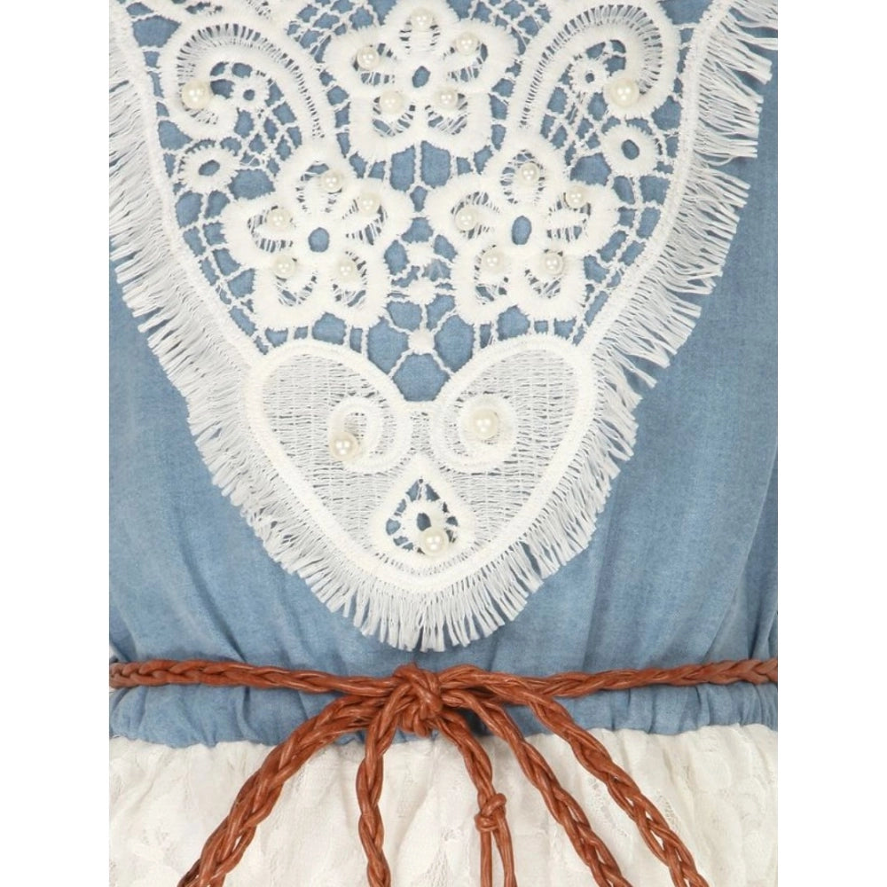 Generic Girl's Denim Embroidery Short Sleeve Round Neck Dress (White)