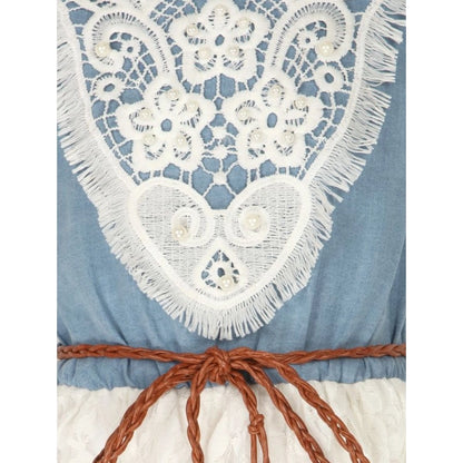 Generic Girl's Denim Embroidery Short Sleeve Round Neck Dress (White)