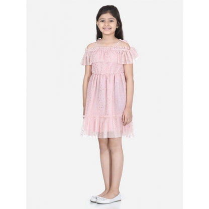 Generic Girl's Polyester Net Embellished Short Sleeve Shoulder Straps Dress (Pink)