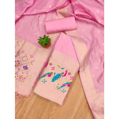 Generic Women's Banarasi Silk Printed Unstitched Salwar Suit Material With Dupatta (Light Pink, 3Mtrs)