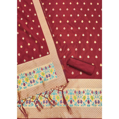 Generic Women's Banarasi Silk Printed Unstitched Salwar Suit Material With Dupatta (Maroon, 3Mtrs)