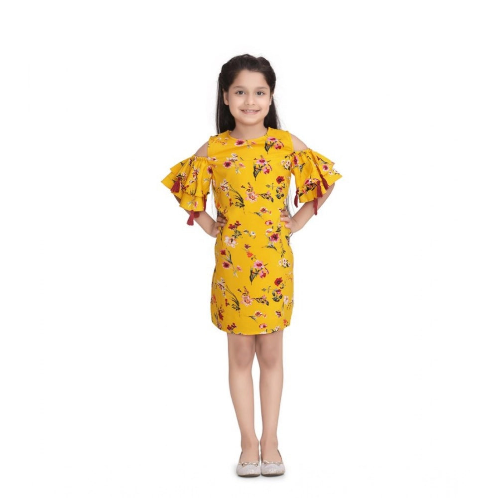 Generic Girl's Polyester Crepe Floral Printed Long Sleeve Round Neck Dress (Yellow)