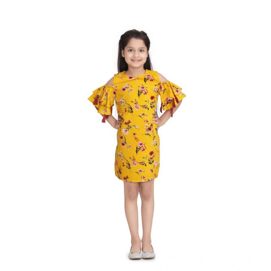 Generic Girl's Polyester Crepe Floral Printed Long Sleeve Round Neck Dress (Yellow)