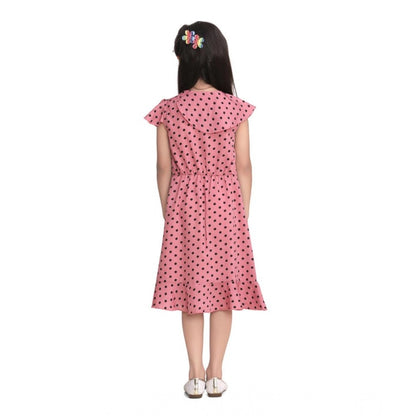 Generic Girl's Polyester Crepe Printed Flutter V-Neck Dress (Pink)